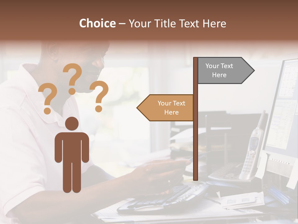 Man In Home Office Using Computer Holding Credit Card And Smiling PowerPoint Template