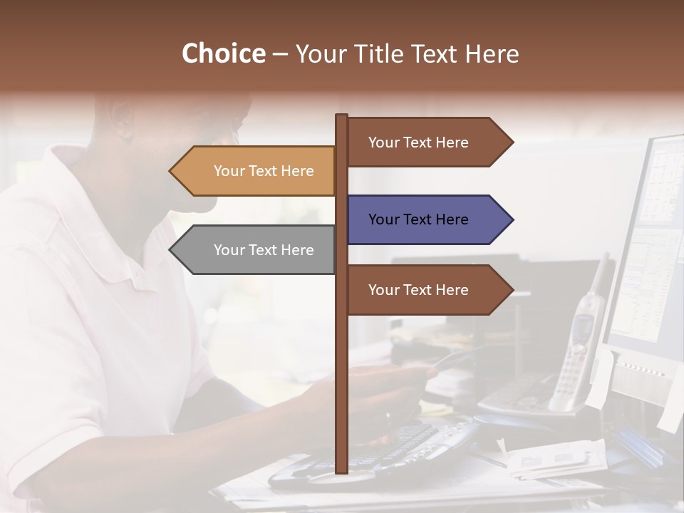 Man In Home Office Using Computer Holding Credit Card And Smiling PowerPoint Template