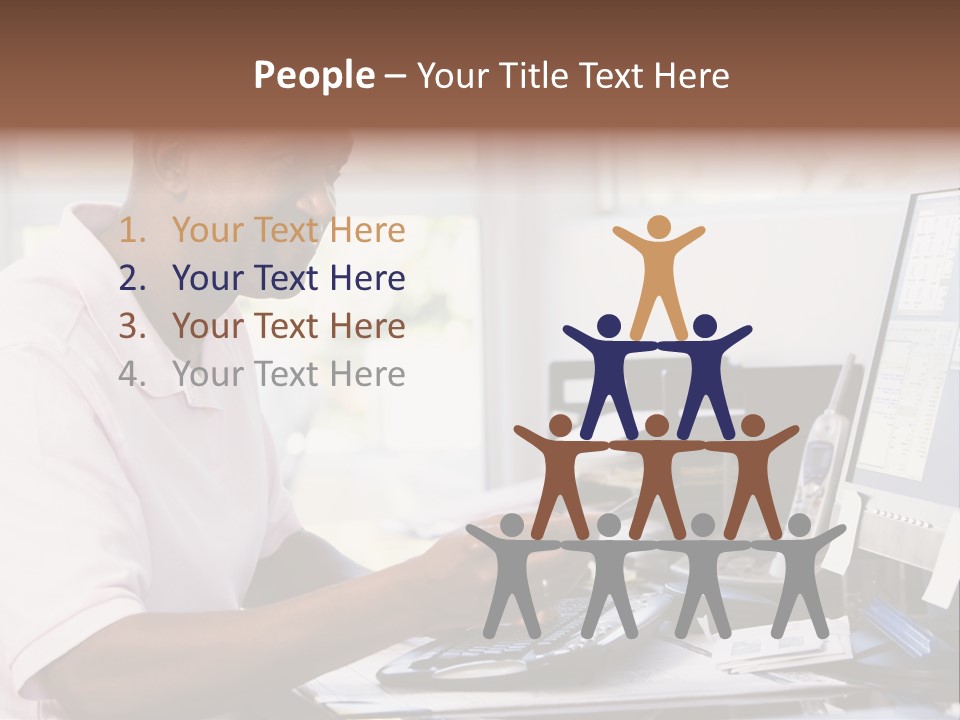 Man In Home Office Using Computer Holding Credit Card And Smiling PowerPoint Template