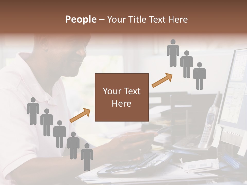 Man In Home Office Using Computer Holding Credit Card And Smiling PowerPoint Template