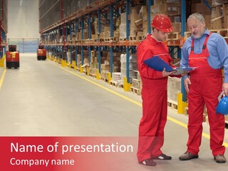 Standing Workers In Warehouse Reading Invoice PowerPoint Template