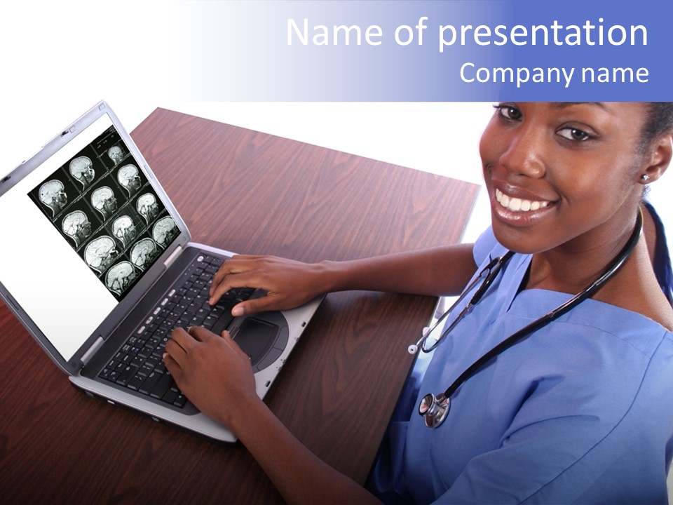 Nurse At Computer - African American PowerPoint Template