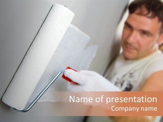 Cheerful Worker Painting A Wall With Roller PowerPoint Template