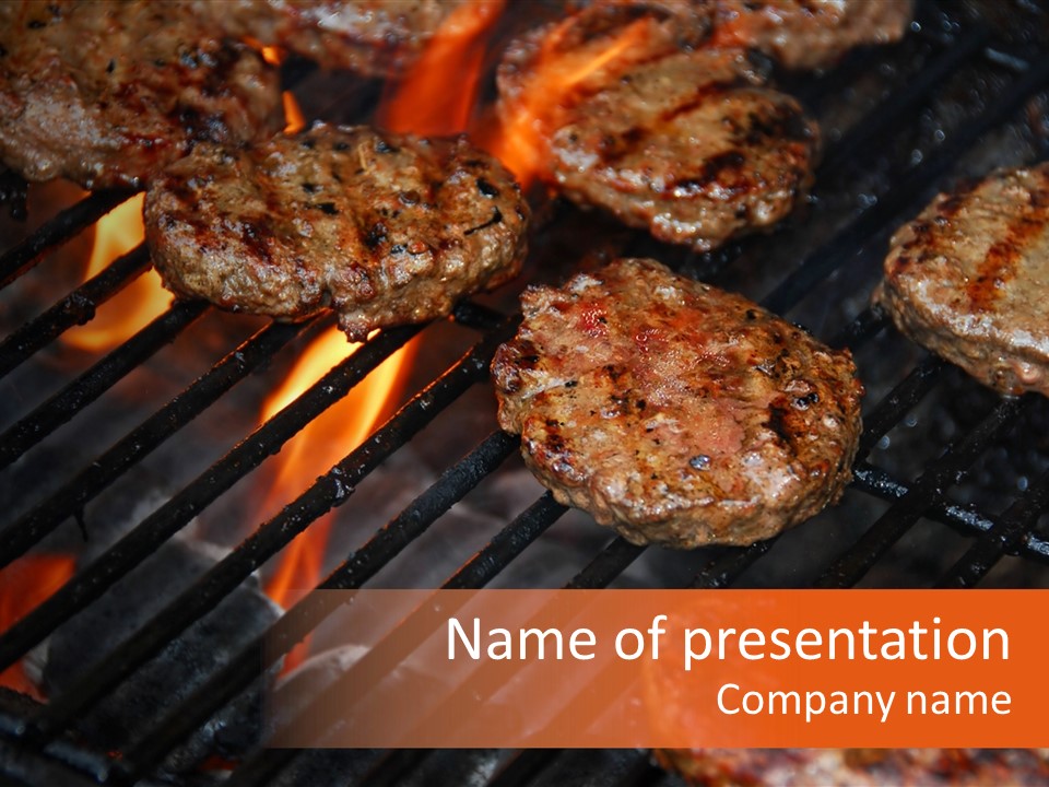 Hamburgers Cooking On Barbeque Grill With Flames PowerPoint Template