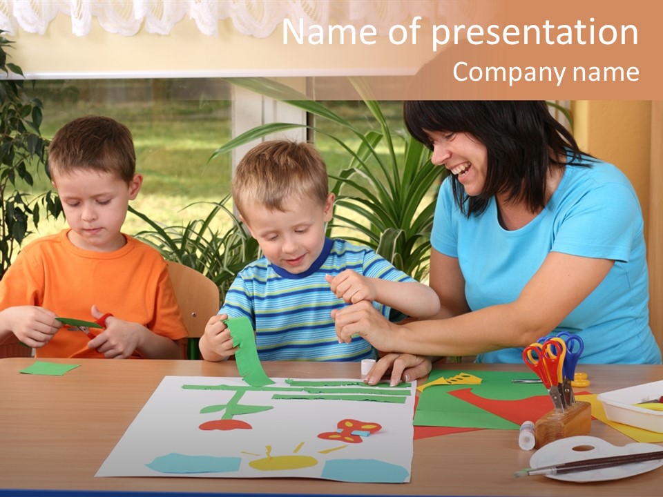 Teacher And Two Preschoolers Making Some Decoration PowerPoint Template