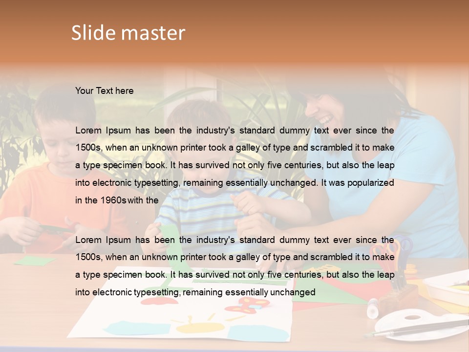 Teacher And Two Preschoolers Making Some Decoration PowerPoint Template