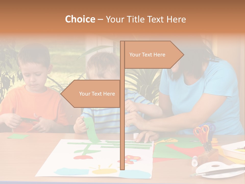Teacher And Two Preschoolers Making Some Decoration PowerPoint Template