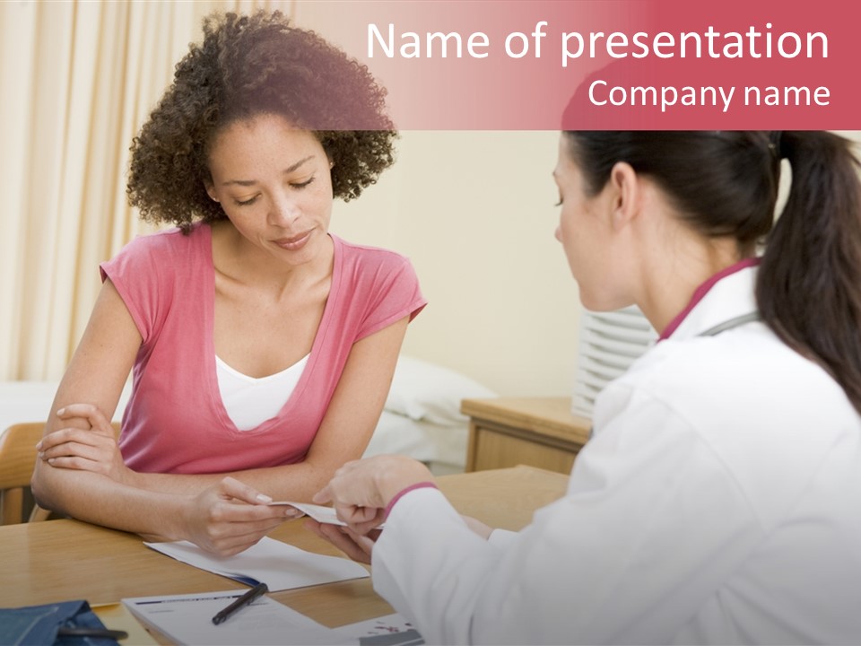 Woman In Doctor's Office Frowning PowerPoint Template