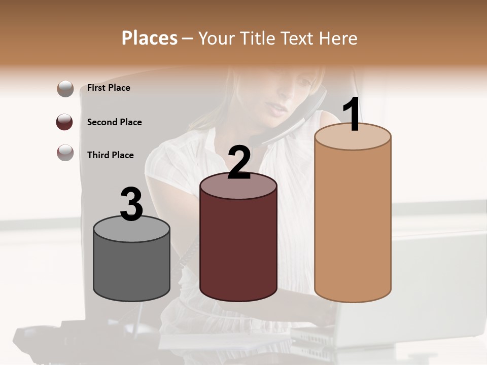 Businesswoman Sitting In Office With Laptop On Telephone PowerPoint Template