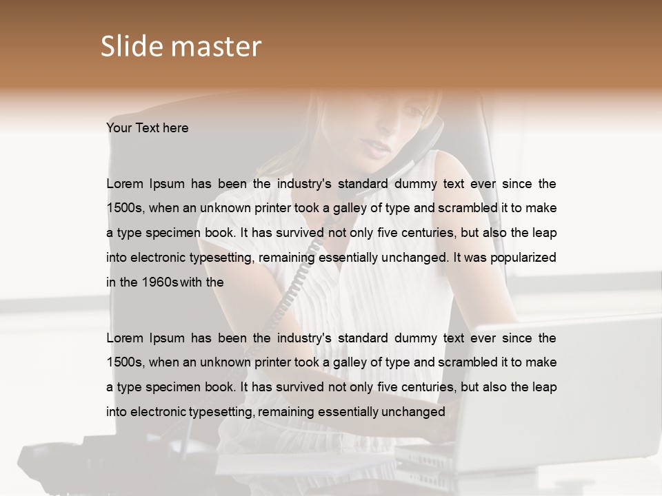 Businesswoman Sitting In Office With Laptop On Telephone PowerPoint Template