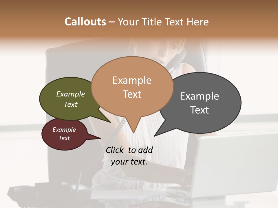 Businesswoman Sitting In Office With Laptop On Telephone PowerPoint Template