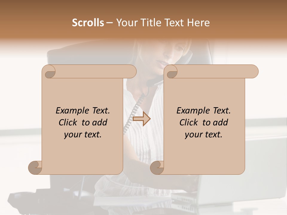 Businesswoman Sitting In Office With Laptop On Telephone PowerPoint Template