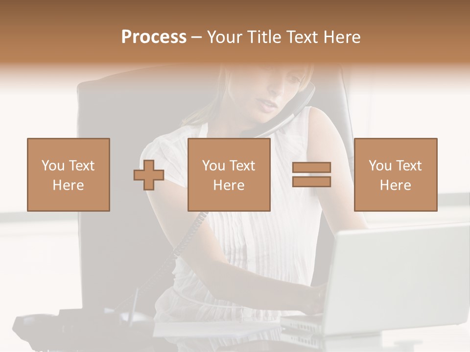 Businesswoman Sitting In Office With Laptop On Telephone PowerPoint Template