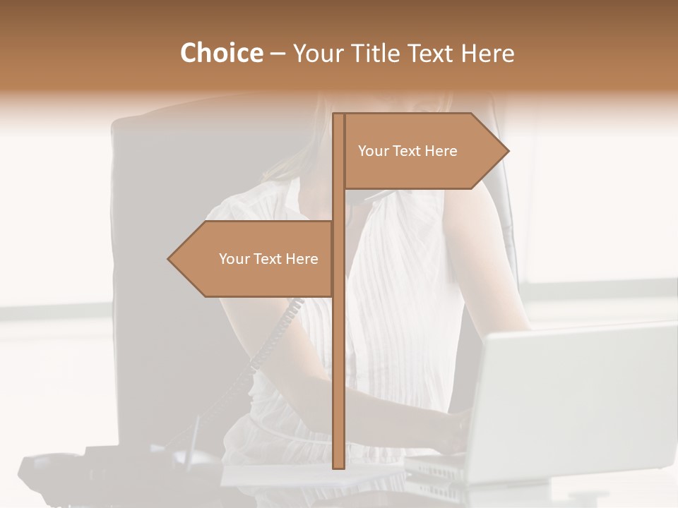 Businesswoman Sitting In Office With Laptop On Telephone PowerPoint Template