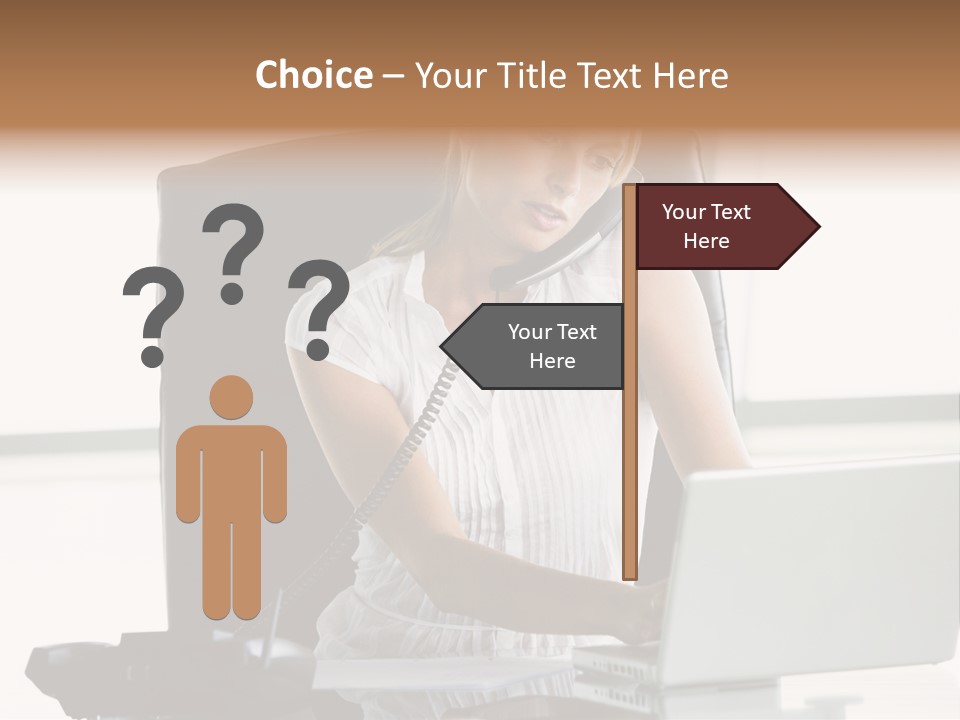 Businesswoman Sitting In Office With Laptop On Telephone PowerPoint Template