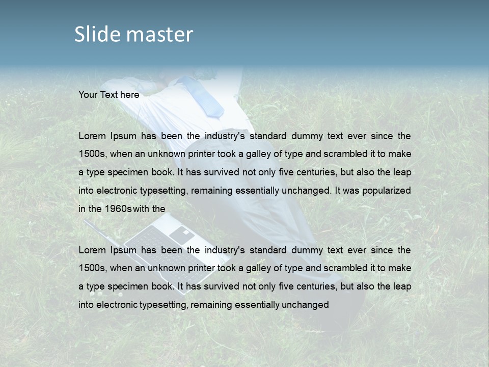 Image Of Businessman Relaxing On The Grass With Laptop Near By PowerPoint Template