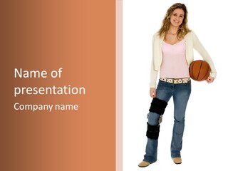 Casual Teen Girl With Basket Ball, Wearing Leg Brace. Full Body Over White With Clipping Path. PowerPoint Template