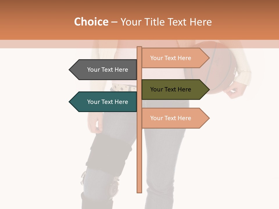 Casual Teen Girl With Basket Ball, Wearing Leg Brace. Full Body Over White With Clipping Path. PowerPoint Template