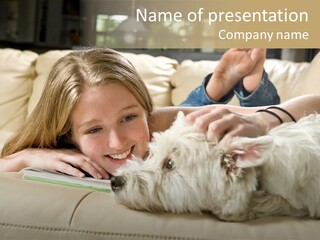 Portrait Of A Cute Young Woman Enjoying Quality Time With Her White West Highland Terrier, Jack PowerPoint Template