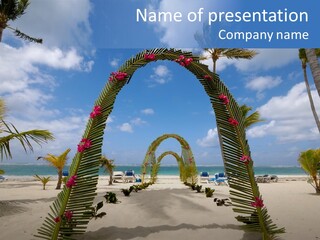 A Tropical Beach With Palm Trees And Flowers PowerPoint Template