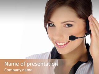 Customer Representative With Headset Smiling During A Telephone Conversation PowerPoint Template