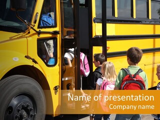 Elementary School Students Getting On School Bus PowerPoint Template