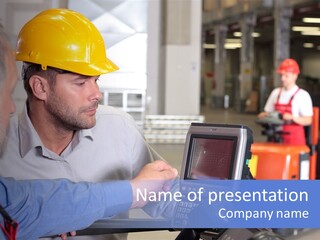 Male Inspector Looking At Screen With Operator In Warehouse PowerPoint Template