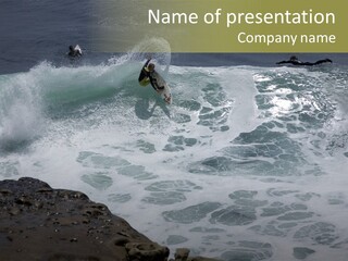 Surfing Close To The Dangerous Rocky Coast. PowerPoint Template