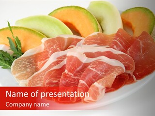 A Plate Of Food With Meat And Fruit On It PowerPoint Template