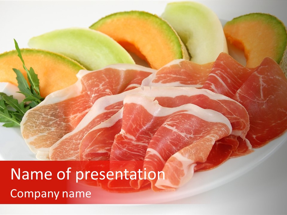 A Plate Of Food With Meat And Fruit On It PowerPoint Template