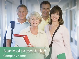 A Group Of  Students With Backpacks Standing In A Campus Corridor PowerPoint Template