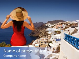 Beautiful Young Greek Woman On The Streets Of Oia, Santorini, Greece. PowerPoint Template