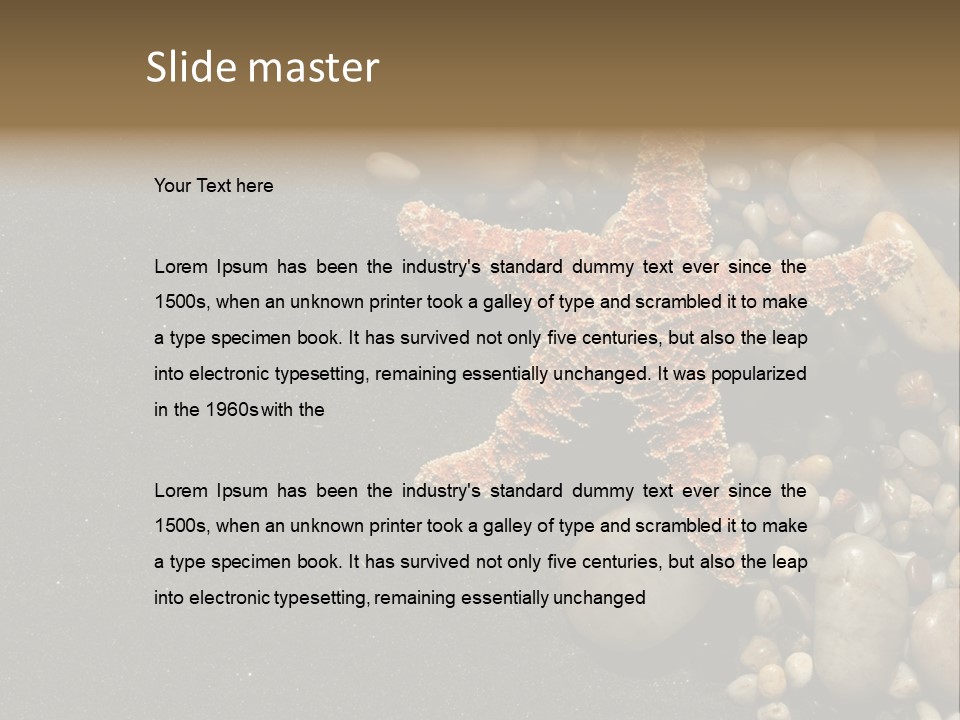 Orange Starfish And Rocks And Pebbles On Black Sand PowerPoint Template