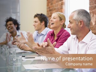 Four Businesspeople In Boardroom Applauding And Smiling PowerPoint Template