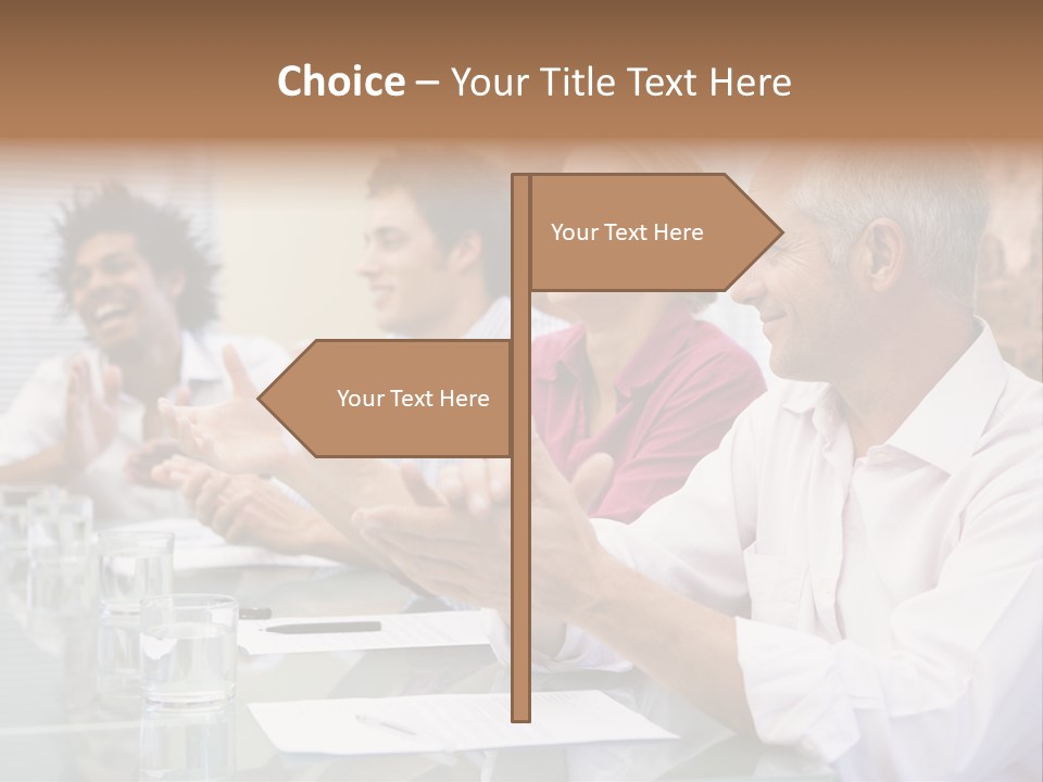 Four Businesspeople In Boardroom Applauding And Smiling PowerPoint Template