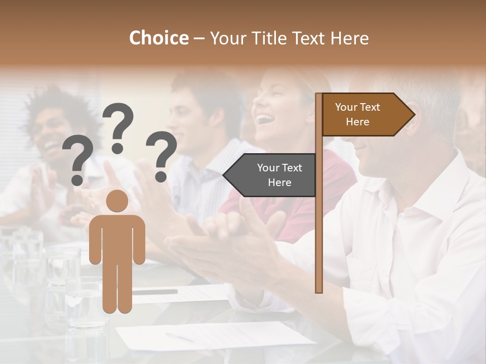 Four Businesspeople In Boardroom Applauding And Smiling PowerPoint Template