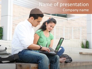 Attractive Students At College Studying Using A Laptop Computer PowerPoint Template