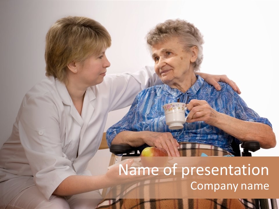 Health Care Worker And Elderly Woman In Wheelchair Needs Help PowerPoint Template