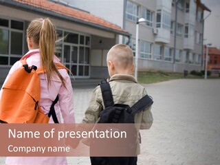 Two Elementary Students Are Going To School PowerPoint Template