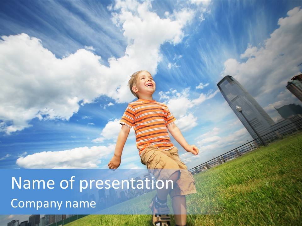 Boy Running On Green Grass Field Under Beautiful Blue Sky With Scenic White Clouds. PowerPoint Template