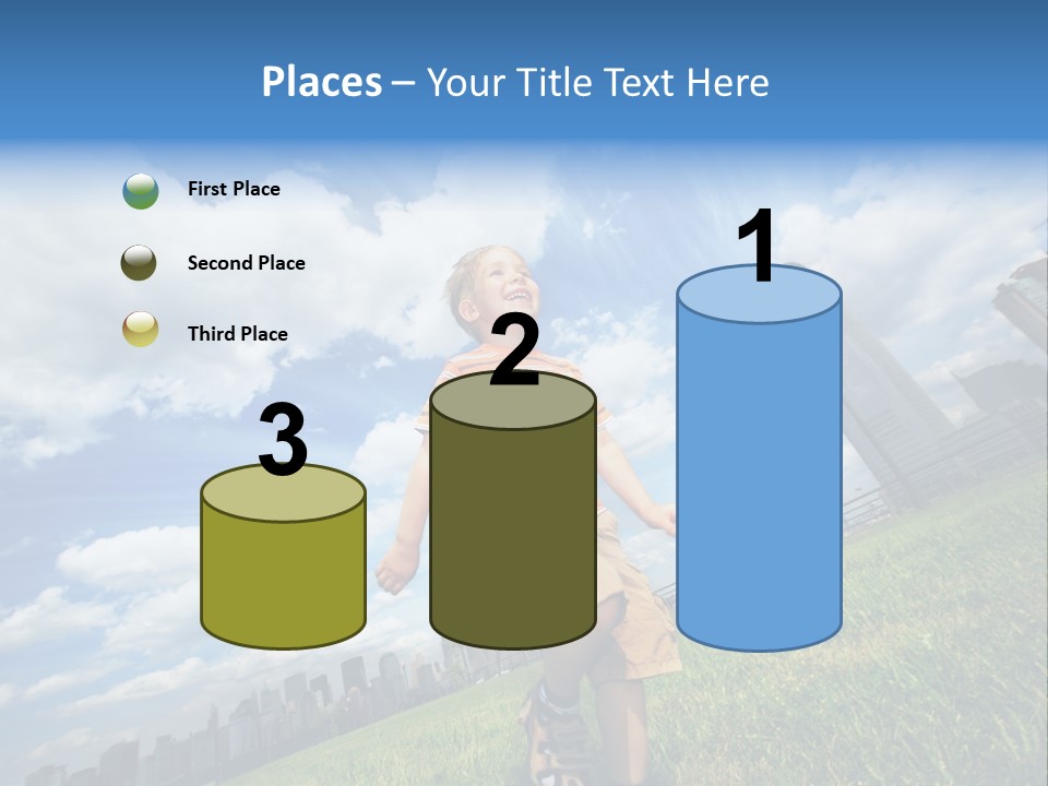 Boy Running On Green Grass Field Under Beautiful Blue Sky With Scenic White Clouds. PowerPoint Template