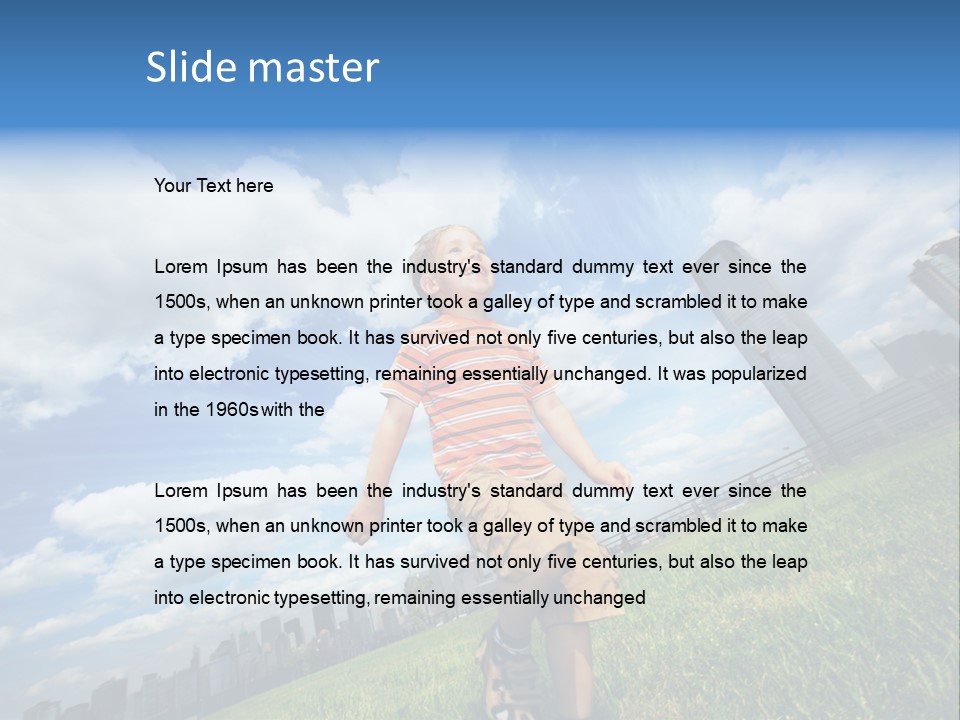 Boy Running On Green Grass Field Under Beautiful Blue Sky With Scenic White Clouds. PowerPoint Template