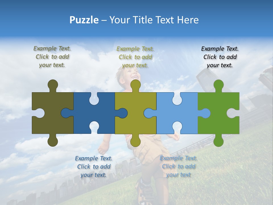 Boy Running On Green Grass Field Under Beautiful Blue Sky With Scenic White Clouds. PowerPoint Template