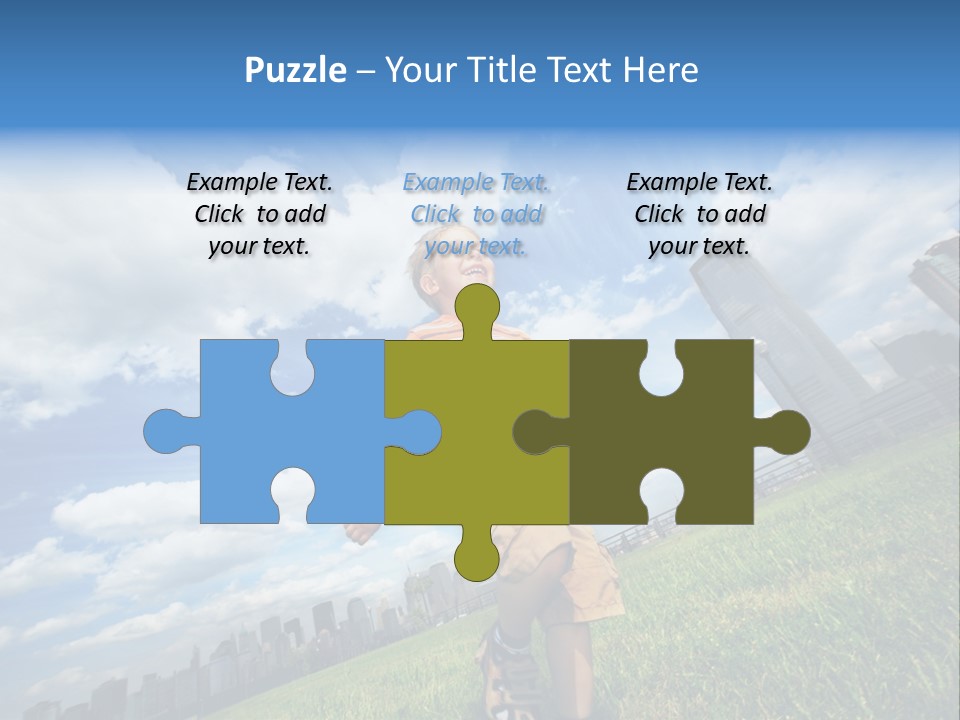 Boy Running On Green Grass Field Under Beautiful Blue Sky With Scenic White Clouds. PowerPoint Template