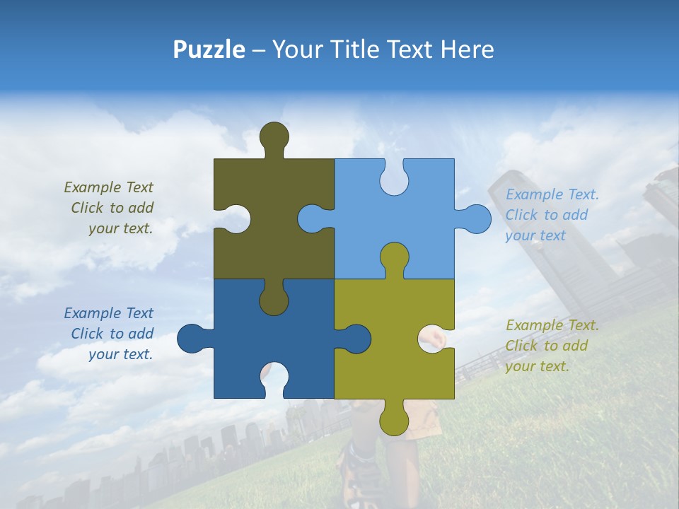 Boy Running On Green Grass Field Under Beautiful Blue Sky With Scenic White Clouds. PowerPoint Template