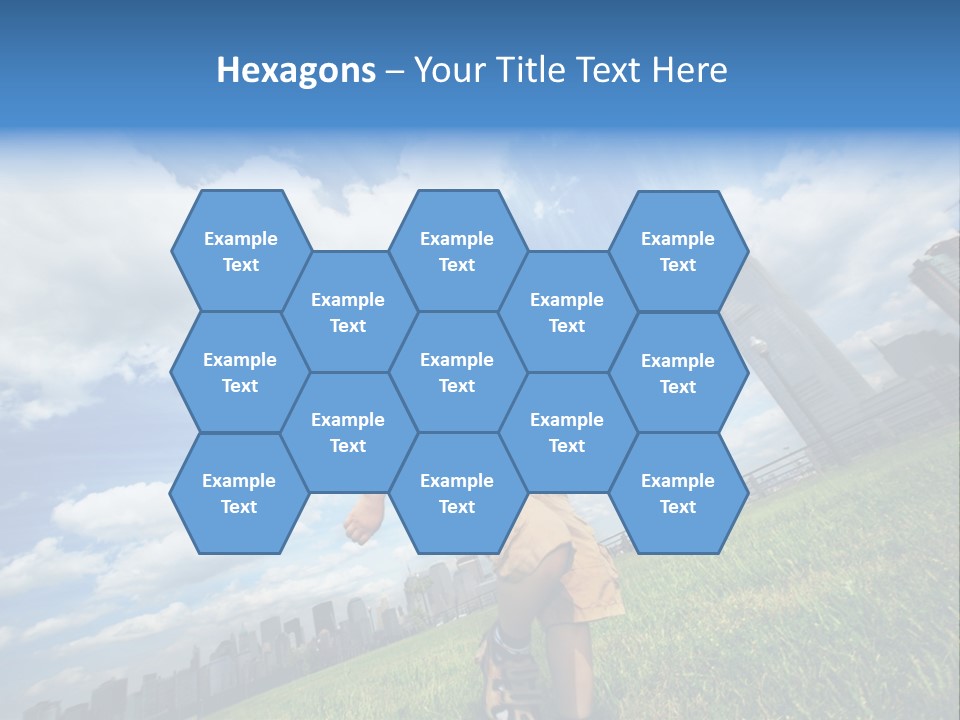 Boy Running On Green Grass Field Under Beautiful Blue Sky With Scenic White Clouds. PowerPoint Template