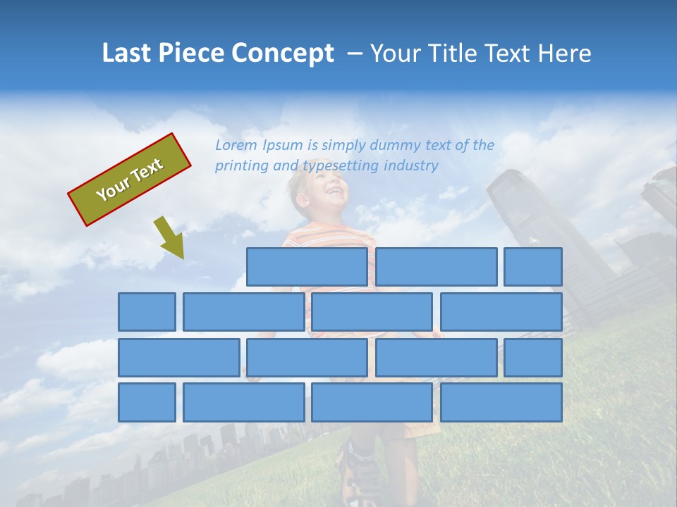 Boy Running On Green Grass Field Under Beautiful Blue Sky With Scenic White Clouds. PowerPoint Template