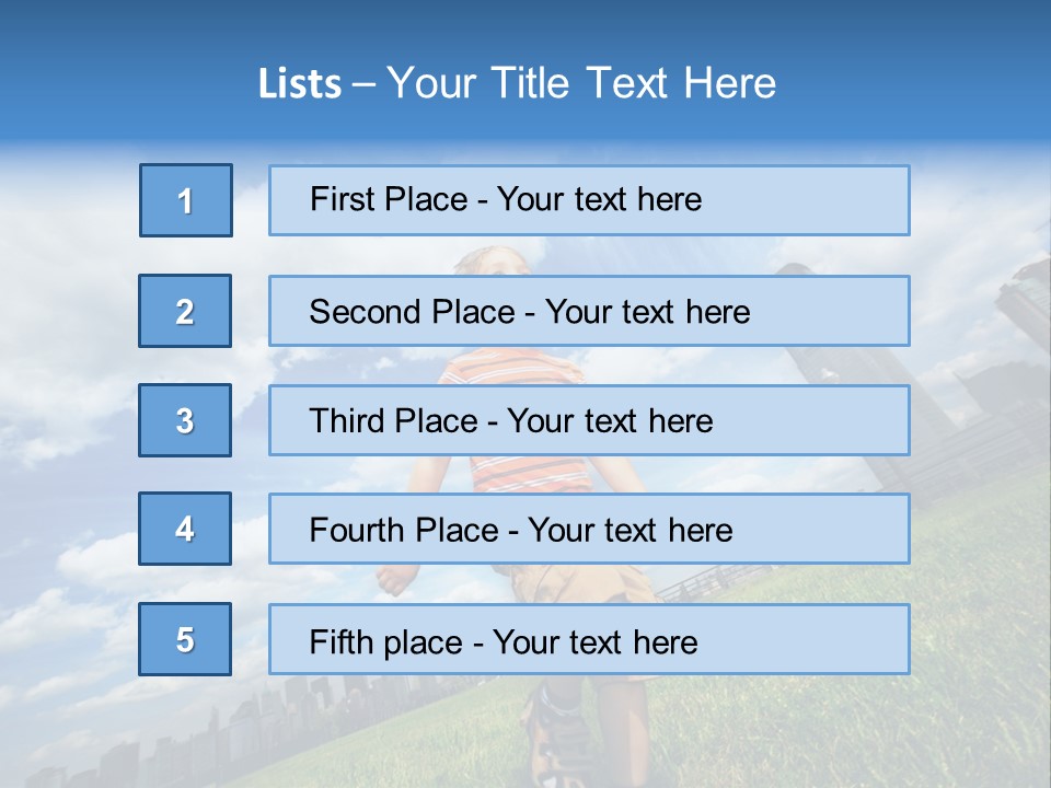 Boy Running On Green Grass Field Under Beautiful Blue Sky With Scenic White Clouds. PowerPoint Template