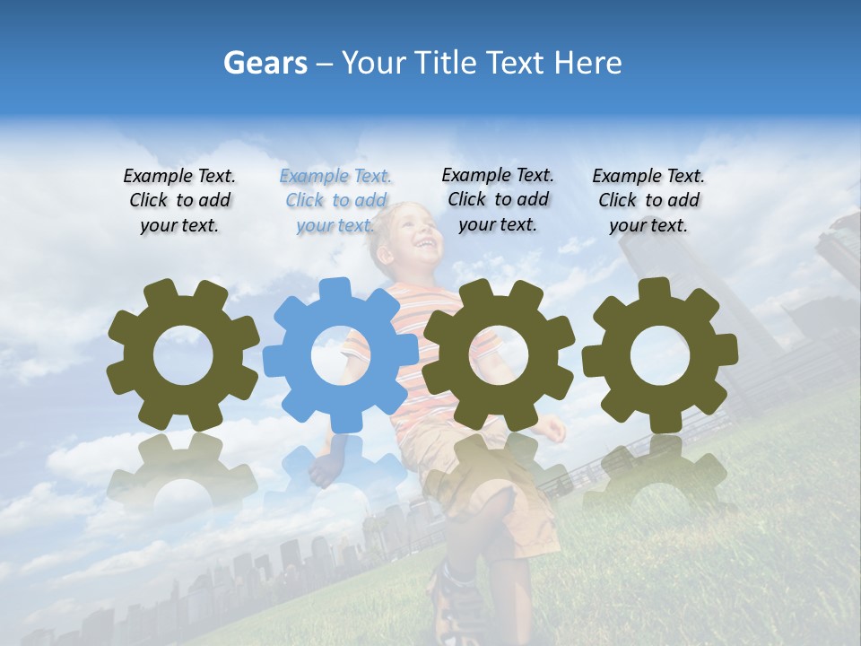 Boy Running On Green Grass Field Under Beautiful Blue Sky With Scenic White Clouds. PowerPoint Template