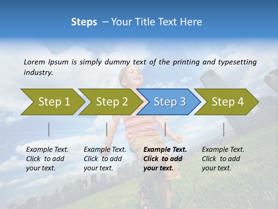 Boy Running On Green Grass Field Under Beautiful Blue Sky With Scenic White Clouds. PowerPoint Template